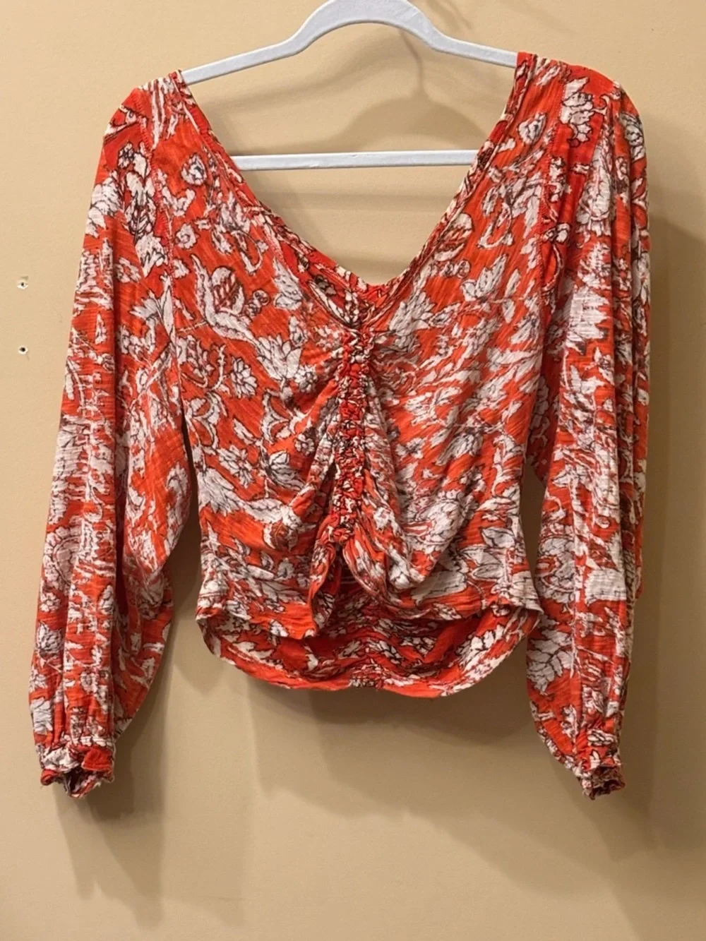 Free People Rust Floral Ruched V-Neck Blouse Size M